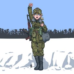  :d akm arm_up army artist_logo assault_rifle belt black_footwear blonde_hair blue_eyes blush boots brown_belt camouflage camouflage_headwear camouflage_jacket camouflage_pants clenched_hand collar english_commentary estonian_flag female flask full_body fur-trimmed_jacket fur_trim gun gun_sling hair_between_eyes hat helmet highres holding jacket kalashnikov_rifle long_hair long_sleeves looking_at_viewer medium_hair military military_hat military_uniform open_mouth original ostwindprojekt pants pocket ponytail pouch rifle simple_background smile soldier solo standing uniform weapon 