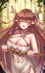  =_= animal_ears antlers breasts cleavage closed_eyes deer_ears deer_girl diana_(trickcal) dress female highres horns korean_commentary large_breasts lilac_(k32420276) long_hair open_mouth side_slit smile solo trickcal very_long_hair 