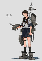  absurdres adapted_turret bad_id bad_pixiv_id black_socks blue_sailor_collar blue_skirt braid brown_eyes brown_hair brown_neckerchief cannon character_name dress female grey_background hair_over_shoulder highres kantai_collection kneehighs kuragare long_hair machinery neckerchief pleated_dress pleated_skirt sailor_collar school_uniform serafuku simple_background single_braid skirt smokestack socks solo standing turret uranami_(kancolle) 