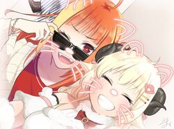  2girls ;d ahoge animal_ears blonde_hair bracelet cardigan closed_eyes commentary_request detached_sleeves dragon_horns drawn_ears drawn_whiskers dress grin hair_ornament hairclip highres hololive horns isuka jewelry kiryu_coco long_hair multicolored_hair multiple_girls nail_polish one_eye_closed open_mouth orange_hair orange_nails red_eyes red_shirt sheep_ears sheep_girl sheep_horns shirt smile streaked_hair tearing_up tsunomaki_watame tsunomaki_watame_(1st_costume) virtual_youtuber white_cardigan white_dress 