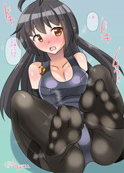  ahoge alternate_breast_size black_gloves black_hair black_one-piece_swimsuit black_pantyhose blush breasts cleavage collarbone covered_navel crescent elbow_gloves feet female foot_focus foreshortening gloves gradient_background green_background hair_between_eyes highres kantai_collection long_hair lying medium_breasts mikazuki_(kancolle) no_shoes nyx_(mebius_no_wa) old_school_swimsuit one-piece_swimsuit open_mouth pantyhose pantyhose_under_swimsuit school_swimsuit shadow soles solo sweatdrop swimsuit thighband_pantyhose toes twitter_username yellow_eyes 