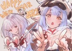  2021 2girls animal_ears animal_print bare_shoulders bikini blue_hair blush bovine breasts catura_(granblue_fantasy) chinese_zodiac cleavage cow_ears cow_girl cow_hat cow_horns cow_print detached_collar detached_sleeves draph ear_piercing fake_animal_ears granblue_fantasy hair_ornament hairband hairclip happy_new_year highres horns large_breasts long_hair looking_at_viewer mouse_ears multiple_girls new_year open_mouth orange_hair piercing pointy_ears red_eyes sassakntm see-through shirt short_hair small_breasts smile swimsuit thighs unworn_hairband vikala_(granblue_fantasy) white_bikini white_hair white_shirt wide_sleeves year_of_the_ox 