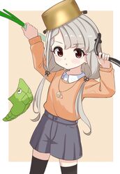  :o bad_id bad_twitter_id black_legwear black_ribbon blush_stickers brown_eyes brown_headwear brown_sweater collared_shirt commentary_request crossover dress_shirt female food grey_hair grey_shorts hair_ribbon highres hisakawa_nagi holding holding_food idolmaster idolmaster_cinderella_girls idolmaster_cinderella_girls_starlight_stage long_hair low_twintails metapod parted_lips pokemon pokemon_(creature) pot_on_head ribbon shirt shiwa_(siwaa0419) short_shorts shorts spring_onion sweater thighhighs twintails two-tone_background very_long_hair white_background white_shirt 