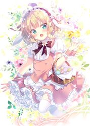  alternate_costume basket blonde_hair blush bow commentary easter_egg egg female gochuumon_wa_usagi_desu_ka? green_eyes holding holding_basket kirima_syaro looking_at_viewer mitsumomo_mamu open_mouth pink_bow short_hair smile solo thighhighs wavy_hair white_thighhighs wrist_cuffs 