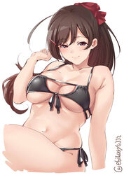  ahoge bikini black_bikini blush breasts brown_eyes brown_hair collarbone commentary_request ebifurya female front-tie_bikini_top front-tie_top groin hair_ribbon highres kantai_collection large_breasts long_hair mamiya_(kancolle) multi-strapped_bikini navel red_ribbon revision ribbon side-tie_bikini_bottom simple_background solo swimsuit twitter_username white_background 