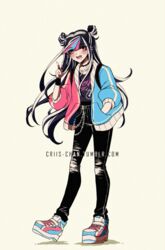  :d alternate_costume black_hair black_pants blue_footwear blue_hair blue_jacket casual commentary criis-chan danganronpa_(series) danganronpa_2:_goodbye_despair double_bun duplicate ear_piercing female foot_up hair_bun hand_in_pocket jacket jewelry long_hair looking_at_viewer mioda_ibuki multicolored_hair nail_polish necklace open_mouth pants piercing pink_eyes pink_hair pink_jacket pixel-perfect_duplicate ring school_uniform shoes simple_background smile sneakers solo standing thumb_ring torn_clothes torn_pants tumblr_username w white_hair 