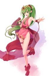  :d armpit_peek bare_legs bracelet dress female fire_emblem fire_emblem:_mystery_of_the_emblem full_body green_eyes green_hair hair_between_eyes headpiece highres jewelry kirishima_satoshi long_hair no_panties open_mouth pink_dress pointy_ears ponytail red_footwear red_robe red_scarf ring robe scarf short_dress smile solo tiara tiki_(fire_emblem) tiki_(young)_(fire_emblem) 