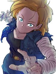  android_18 black_shirt blonde_hair blue_eyes blue_shorts commentary_request denim denim_jacket denim_shorts dragon_ball dragon_ball_z earrings female jacket jewelry kemachiku long_sleeves looking_at_viewer pantyhose shirt short_hair shorts simple_background solo striped_sleeves white_background 