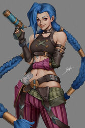  arcane:_league_of_legends arcane_jinx asymmetrical_bangs bare_shoulders belt black_belt blue_hair braid breasts brown_gloves cloud_tattoo cowboy_shot crop_top female fingerless_gloves gloves grey_background groin gun highres holding holding_gun holding_weapon jinx_(league_of_legends) league_of_legends long_hair medium_breasts nail_polish navel pants pink_eyes pink_pants signature simple_background sirenlin skindentation smile solo striped_clothes striped_pants tattoo twin_braids very_long_hair weapon 