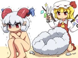  2girls animal_ears blonde_hair bow chibi clothed_female_nude_female commentary_request completely_nude crossed_arms crystal expressionless flandre_scarlet gloom_(expression) grey_hair hat holding horizontal_pupils horn_bow horn_ornament horns kneeling long_sleeves looking_at_another medium_hair mob_cap multiple_girls nude pointy_ears red_eyes red_horns red_skirt red_vest shearing shears sheep_horns shirosato side_ponytail skirt skirt_set squatting touhou toutetsu_yuuma trembling turn_pale vest wings wool 