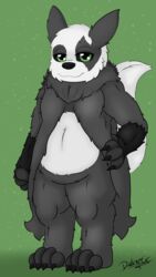  4_toes 9:16 anthro black_body black_fur black_sclera claws darknetic digital_media_(artwork) feet fluffy fluffy_tail fur fur_markings generation_3_pokemon generation_6_pokemon green_eyes hi_res hybrid hybrid_pokemon looking_at_viewer male markings neck_tuft nintendo pangoro pokemon pokemon_(species) ray_the_pangoose shaded simple_background solo tail toes tuft white_body white_fur zangoose 