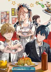  2boys 2girls absurdres alternate_costume black_hair black_jacket black_nails black_necktie blonde_hair blue_eyes bobobo-bo_bo-bobo broccoli carrot chainsaw_man collared_shirt cookie cross-shaped_pupils denji_(chainsaw_man) earrings enmaided food food_malfunction formal hair_between_eyes hayakawa_aki heart heart_hands higashiyama_kobeni highres horns jacket jewelry ketchup ketchup_bottle kyuuba_melo lemonade long_hair looking_at_another looking_at_food looking_away maid maid_headdress meowy_(chainsaw_man) moe_moe_kyun! multiple_boys multiple_girls necktie omelet omurice open_mouth pink_hair plate poster_(object) power_(chainsaw_man) red_eyes red_horns restaurant sharp_teeth shirt short_hair single_sidelock sitting smile spill stud_earrings suit sunglasses sweat symbol-shaped_pupils teeth topknot twintails white_shirt yellow_eyes 