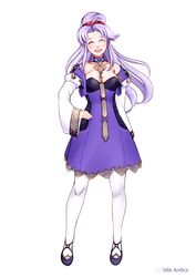  absurdres artist_name closed_eyes commentary cosplay dress english_commentary female fire_emblem fire_emblem:_genealogy_of_the_holy_war fire_emblem:_three_houses full_body highres idle_antics long_hair long_sleeves lysithea_von_ordelia lysithea_von_ordelia_(cosplay) open_mouth ponytail purple_hair simple_background solo tailtiu_(fire_emblem) white_background white_legwear 