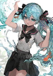  air_bubble aqua_eyes black_bow black_bowtie black_ribbon black_sailor_collar black_skirt blue_hair bottle_miku bow bowtie bubble commentary cowboy_shot female fish goldfish hair_between_eyes hair_ribbon hatsune_miku highres liquid_hair long_hair looking_at_viewer parted_lips ribbon sailor_collar saz8720 school_uniform serafuku shirt short_sleeves skirt solo twintails very_long_hair vocaloid water white_background white_shirt 