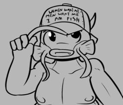  2022 4_fingers amur_carp anthro barbel_(anatomy) black_and_grey black_eyes carp cheek_fins clothing cyprinid cypriniform english_text fangs felino fingers fish grey_background hand_on_hat hat hat_only headgear headgear_only headwear headwear_only koi looking_up male marine meme monochrome mostly_nude overweight overweight_anthro overweight_male scales simple_background solo teeth text text_on_clothing text_on_hat text_on_headwear tommy_koi typical_carp women_want_me_fish_fear_me 