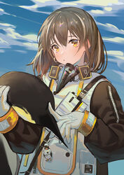  animal arknights bird blue_sky blush charm_(object) cloud commentary day emperor_(arknights) emperor_penguin female gloves grey_hair hair_between_eyes highres jacket krin_(krinnin) long_sleeves looking_at_viewer magallan_(arknights) multicolored_hair penguin photoshop_(medium) raglan_sleeves short_hair sky streaked_hair upper_body white_gloves white_hair white_jacket yellow_eyes 