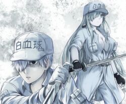  1boy baseball_cap black_gloves blue_eyes breasts character_name cleavage closed_mouth clothes_writing collarbone collared_jacket colored_skin commentary english_commentary female fingerless_gloves gloves grey_gloves grey_hair grey_headwear grey_jacket grey_pants grey_skin hair_over_one_eye hat hataraku_saibou hataraku_saibou_black highres hikari_niji holding holding_knife holding_sword holding_weapon in-franchise_crossover jacket katana knife large_breasts long_hair long_sleeves open_mouth pants shaded_face standing sword u-1146 u-1196 very_long_hair weapon white_blood_cell_(hataraku_saibou) 