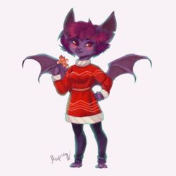  1:1 2022 absurd_res anthro bat bat_wings big_ears blush claws clothed clothing cookie digital_media_(artwork) dress female food gingerbread_cookie hair hi_res holiday_dressed mammal membrane_(anatomy) membranous_wings purple_body red_eyes simple_background smile solo sweater_dress toony wanderertamplior white_background wings 