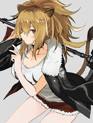  arknights black_collar black_jacket black_nails blonde_hair breasts brown_eyes brown_hair candy cleavage collar collarbone cowboy_shot female food fur-trimmed_jacket fur-trimmed_shorts fur_trim grey_background hair_between_eyes hand_up highres holding holding_weapon jacket jacket_on_shoulders large_breasts leather leather_jacket lollipop long_hair looking_at_viewer mouth_hold open_clothes open_jacket ponytail red_shorts shiduki_eku shirt shorts siege_(arknights) simple_background solo studded_collar v war_hammer weapon weapon_behind_back white_shirt 