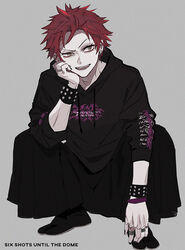  1boy black_hakama black_legwear black_shirt bracelet earrings ebanoniwa grey_background hakama hakama_skirt hand_up highres hood hood_down hypnosis_mic hypnosis_mic:_rule_the_stage japanese_clothes jewelry male_focus red_hair ring sanagi_kenei shirt short_hair simple_background skirt slit_pupils smile solo spiked_bracelet spikes squatting tabi yellow_eyes 