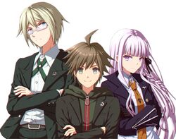  2boys ahoge belt black_gloves black_jacket black_pants black_ribbon blonde_hair blue_eyes blunt_bangs bo-tsu_(hyrkgk) braid brown_belt brown_hair collared_shirt commentary cross_tie crossed_arms danganronpa:_trigger_happy_havoc danganronpa_(series) dress_shirt female glasses gloves green_hoodie hair_ribbon hood hood_down hood_up hoodie jacket kirigiri_kyoko long_hair long_sleeves multiple_boys naegi_makoto necktie open_clothes open_jacket orange_necktie pants purple_eyes ribbon semi-rimless_eyewear shirt short_hair standing togami_byakuya under-rim_eyewear white_shirt 