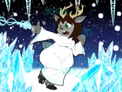  2_toes 4:3 anthro antlers barefoot breasts brown_hair clothed clothing cloven_hooves cosplay deer deltarune elemental_manipulation feet female fully_clothed fur green_eyes grey_body grey_fur hair hi_res hooves horn huge_hips ice ice_manipulation icicle magic mammal new_world_deer noelle_holiday open_mouth reindeer robe snow softestpuffss solo thick_thighs toes undertale_(series) whaddon_(character) wide_hips wizard_robe 