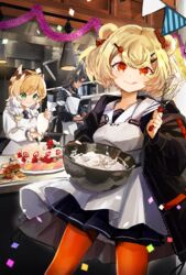  1boy 2girls :3 akebisousaku animal_ears apron arknights black_hair black_jacket blonde_hair blue_dress bowl bunting burger cake candy_hair_ornament collared_shirt commentary_request cream dress food food-themed_hair_ornament green_eyes gummy_(arknights) gummy_(elite_ii)_(arknights) hair_ornament hairclip hanging_light highres holding holding_bowl holding_pastry_bag holding_whisk horns jacket kitchen long_sleeves looking_at_viewer matterhorn_(arknights) mini_flag mousse_(arknights) multiple_girls necktie open_clothes open_jacket orange_eyes orange_pantyhose pantyhose pastry_bag potato_wedges rhodes_island_logo_(arknights) shirt short_hair smile standing tongue tongue_out whisk 