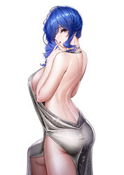  absurdres ass azur_lane back backless_dress backless_outfit bad_id bad_pixiv_id bare_shoulders blue_hair blush breasts dress earrings evening_gown female hair_ornament hairclip highres jewelry kading_boluo knee_up large_breasts long_hair looking_at_viewer looking_back official_alternate_costume open_mouth purple_eyes revealing_clothes side_ponytail sideboob sidelocks silver_dress simple_background st._louis_(azur_lane) st._louis_(luxurious_wheels)_(azur_lane) thighs 