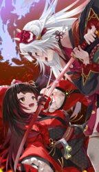  2girls absurdres battle bell bow brown_eyes brown_hair duel hair_bell hair_ornament hairbow highres holding holding_sword holding_weapon hololive horns japanese_clothes katana kimono long_hair mask multiple_girls nakiri_ayame nakiri_ayame_(1st_costume) official_alternate_costume oni oni_mask red_eyes roboco-san roboco-san_(new_year) satobitob skin-covered_horns sparks sword virtual_youtuber weapon white_hair 