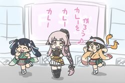  3girls :3 apron black_footwear black_gloves black_hair boots brown_eyes brown_hair closed_eyes commentary_request dancing ferret-san gloves green_hakama green_kimono green_skirt hair_ribbon hakama hakama_short_skirt hakama_skirt headband hiryuu_(kancolle) hiryuu_kai_ni_(kancolle) japanese_clothes kantai_collection kimono knee_boots long_hair microphone multicolored_apron multiple_girls music one_side_up open_mouth orange_kimono pink_hair pleated_skirt ponytail ribbon short_hair singing skirt souryuu_(kancolle) souryuu_kai_ni_(kancolle) twintails very_long_hair wide_sleeves yura_(kancolle) yura_kai_ni_(kancolle) 