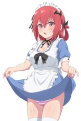  apron bat_hair_ornament black_ribbon blue_dress breasts chestnut_mouth cleavage clothes_lift dress dress_lift female foreshortening frilled_apron frills gabriel_dropout hair_between_eyes hair_ornament hair_ribbon hair_rings hands_up highres large_breasts lifting_own_clothes looking_at_viewer maid_headdress neck_ribbon nyaroon open_mouth panties pink_eyes raised_eyebrows red_hair ribbon satanichia_kurumizawa_mcdowell shiny_skin short_sleeves simple_background solo standing striped_clothes striped_panties sweatdrop thighhighs thighs underwear white_apron white_background white_thighhighs 