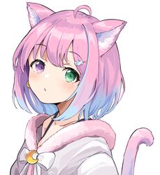  absurdres ahoge anbasa_(amaneyuz13) animal_ears blue_hair blush candy_hair_ornament cat_ears cat_girl cat_tail commentary_request female food-themed_hair_ornament fur_trim gradient_hair green_eyes hair_ornament heterochromia highres himemori_luna himemori_luna_(sundress) hololive looking_at_viewer multicolored_hair official_alternate_costume parted_lips pink_hair purple_eyes short_hair simple_background solo tail tail_raised upper_body virtual_youtuber white_background 