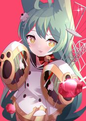  absurdres ahoge akashi_(azur_lane) animal_ears arms_up azur_lane cat_ears commentary_request female gem gem_(azur_lane) green_hair hair_between_eyes highres long_hair machinery mole mole_under_eye one-hour_drawing_challenge red_gemstone screwdriver sleeves_past_fingers sleeves_past_wrists solo tongue tongue_out tools very_long_hair wide_sleeves wrench yamaha_tsui yellow_eyes 