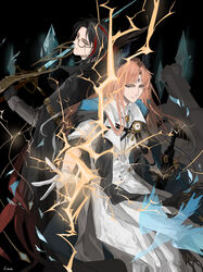  2boys absurdres arknights black_background black_cape black_gloves black_hair blue_eyes cape chinese_commentary coat commentary_request electricity gloves gnosis_(arknights) gnosis_(forerunner)_(arknights) head_wings highres holding holding_sword holding_weapon kongwuming long_hair long_sleeves looking_at_viewer male_focus monocle multiple_boys official_alternate_costume orange_hair originium_arts_(arknights) passenger_(arknights) red_hair short_hair smile sword weapon white_coat white_gloves wings 