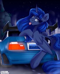  2022 alicorn ass car dock_(anatomy) electronic_arts equid equine female feral friendship_is_magic hair hasbro hi_res hooves horn license_plate lidded_eyes looking_at_viewer looking_back looking_back_at_viewer mammal my_little_pony mythological_creature mythological_equine mythology naughty_face need_for_speed outside princess_luna_(mlp) purple_body purple_hair shadowreindeer signature sky solo spoiler_(car) star starry_sky tail tongue tongue_out underhoof vehicle wings 