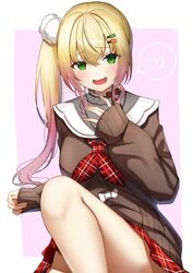  blonde_hair blush breasts brown_sweater commentary_request eyes_visible_through_hair female gradient_hair green_eyes hair_between_eyes hair_ornament hairclip heart highres hololive long_hair long_sleeves looking_at_viewer menmen_(menmen13s) momosuzu_nene momosuzu_nene_(casual) multicolored_hair nail_polish neckerchief official_alternate_costume official_alternate_hairstyle open_mouth pink_hair plaid plaid_neckerchief plaid_skirt pom_pom_(clothes) pom_pom_hair_ornament red_neckerchief red_skirt side_ponytail simple_background skirt sleeves_past_wrists smile solo spoken_heart sweater virtual_youtuber 