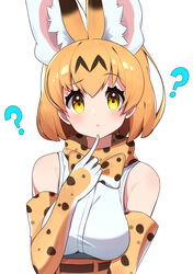  ? animal_ears bad_id bad_pixiv_id bare_shoulders blonde_hair blush bow bowtie commentary elbow_gloves extra_ears female finger_to_own_chin gloves highres kemono_friends orange_bow orange_bowtie ozaki_yuka print_bow print_bowtie print_gloves raised_eyebrow serval_(kemono_friends) serval_print shirt short_hair simple_background sleeveless takom traditional_bowtie two-tone_bowtie upper_body white_background white_bow white_bowtie white_shirt yellow_eyes 