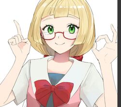  alternate_costume bespectacled blonde_hair blush bow closed_mouth commentary_request eyelashes female glasses green_eyes hands_up highres index_finger_raised konbu_1270 lillie_(pokemon) looking_at_viewer ok_sign pokemon pokemon_(anime) pokemon_sm_(anime) red-framed_eyewear red_bow semi-rimless_eyewear short_sleeves smile solo unfinished upper_body white_background 