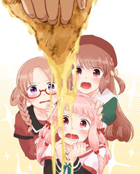  1boy 3girls absurdres brown_hair food highres hiiragi_nemu kamihama_university_affiliated_school_uniform magia_record:_mahou_shoujo_madoka_magica_gaiden mahou_shoujo_madoka_magica multi-tied_hair multiple_girls pink_hair pizza pizza_slice purple_eyes red_eyes red_hair sailor_collar sankyoin_academy_school_uniform satomi_touka school_uniform serafuku shirt st._liliana&#039;s_academy_school_uniform tamaki_ui ultimate_magnum white_shirt 