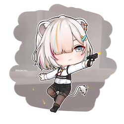  animal_ears asymmetrical_hair black_shorts chibi chibi_only ear_piercing female full_body grey_eyes grey_hair gun hair_over_one_eye handgun highres hikigaya_0926 hololive lion_ears lion_girl lion_tail official_alternate_costume official_alternate_hair_length official_alternate_hairstyle pantyhose piercing shishiro_botan shishiro_botan_(button-down) short_hair shorts solo tail virtual_youtuber weapon 