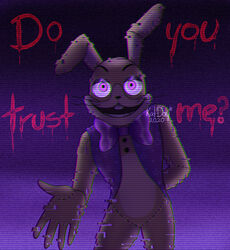  2020 abstract_background absurd_res anthro asking asking_viewer big_bow_tie black_nose bottomless bottomless_anthro bottomless_male bow_(feature) bow_tie buckteeth clothed clothing dialogue drip_effect dripping_text english_text eyelashes featureless_crotch five_nights_at_freddy&#039;s five_nights_at_freddy&#039;s_vr:help_wanted fnaf_vr_help_wanted glitch glitchtrap half-closed_eyes hi_res katdaykatz lagomorph leporid long_ears long_whiskers looking_at_viewer male mammal multicolored_body multicolored_ears narrowed_eyes open_mouth pink_eyes purple_background question question_mark rabbit reaching reaching_out reaching_towards_viewer scottgames signature simple_background smile solo standing star star_after_signature star_in_signature star_polygon stitch_(sewing) talking_to_viewer tan_body tan_ears teeth text text_with_star topwear two_tone_body vest whiskers white_ears yes-no_question 