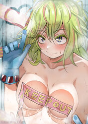  blush boku_no_hero_academia breasts caution_tape collarbone colored_eyelashes commission contrail covered_nipples female gloves grabbing_own_breast green_hair hagakure_tooru hair_between_eyes highres keep_out medium_breasts medium_hair nude smile solo unusually_visible wet zd_(pixiv6210083) 