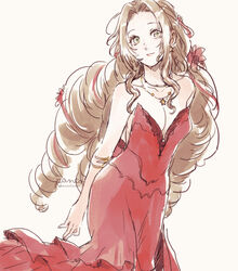  aerith_gainsborough aerith_gainsborough_(red_dress) ancotsubu arms_behind_back bracelet breasts brown_hair cleavage commentary dress female final_fantasy final_fantasy_vii final_fantasy_vii_remake flamenco_dress flower green_eyes hair_flower hair_ornament hair_ribbon jewelry long_dress long_hair medium_breasts multiple_necklaces necklace parted_bangs protected_link red_dress red_flower ribbon ringlets sidelocks solo strapless strapless_dress symbol-only_commentary upper_body wavy_hair 