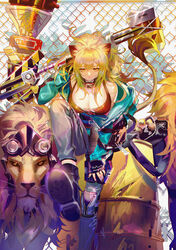  animal_ears arknights bare_shoulders black_choker black_tank_top blonde_hair breasts chain-link_fence choker cleavage cutoffs female fence green_jacket hammer holding holding_hammer jacket large_breasts lion lion_ears lion_girl lion_tail multicolored_hair official_alternate_costume photoshop_(medium) samo_(shichun_samo) siege_(arknights) siege_(legacy)_(arknights) studded_choker tail tank_top war_hammer weapon 