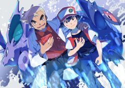  2boys absurdres baseball_cap belt black_hair commentary_request gengar hand_on_another&#039;s_shoulder hat highres holding holding_poke_ball holding_pokedex lab_coat looking_at_viewer making-of_available multiple_boys nidorino open_mouth pants poke_ball poke_ball_(basic) pokedex pokemon pokemon_(creature) pokemon_rgby pon_yui red_(pokemon) samuel_oak smile teeth tongue 