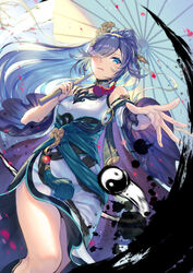  aqua_cape bare_shoulders bird_hair_ornament blue_eyes blue_hair cape china_dress chinese_clothes closed_mouth clothing_cutout detached_sleeves dress earrings female from_below fu_hua fu_hua_(azure_empyrea) grey_hair hair_ornament hair_over_eyes hair_over_one_eye hairpin hanfu high_ponytail highres honkai_(series) honkai_impact_3rd jewelry long_hair looking_at_viewer looking_down oil-paper_umbrella one_eye_covered outstretched_arm over_shoulder paintbrush paintbrush_hair_ornament pleated_sleeves ponytail poshii_(posy) reaching reaching_towards_viewer shoulder_cutout single_earring solo thighs umbrella very_long_hair white_dress wide_sleeves yin_yang 