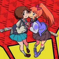  2girls bandaid bandaid_on_knee bandaid_on_leg baseball_bat black_skirt blue_eyes blue_skirt bob_cut bow brown_eyes brown_hair cheek-to-cheek crossover gyosone hairbow heads_together holding_hands jacket kill_la_kill kunio-kun_series kyoko_(kunio-kun) long_hair looking_at_viewer mankanshoku_mako multiple_girls open_clothes open_jacket orange_hair ponytail red_bow river_city_girls short_hair skirt tied_hair v-shaped_eyebrows 