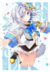  absurdres amane_kanata amane_kanata_(1st_costume) angel angel_wings armband asymmetrical_bangs blue_eyes blue_hair blush bob_cut bow bowtie closed_mouth colored_inner_hair commentary dress feathered_wings feathers female frills full_body grey_dress grey_hair hair_between_eyes hair_over_one_eye halo hattori_9029 highres hololive jumping long_sleeves looking_at_viewer medium_hair multicolored_hair outstretched_arms pleated_dress sailor_collar shin_strap short_dress sidelocks smile socks solo star_halo streaked_hair thighs virtual_youtuber wide_sleeves wings 