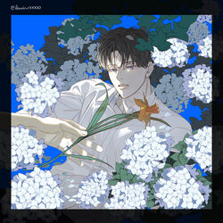  2boys black_hair blue_background blue_eyes commentary_request daffodil disembodied_hand floral_background flower highres holding holding_flower hydrangea implied_yaoi korean_commentary lewin00000 male_focus multiple_boys original out_of_frame petals shirt short_hair solo_focus white_flower white_shirt yellow_flower 