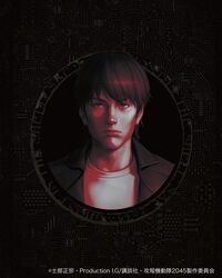  1boy black_background closed_mouth commentary expressionless ghost_in_the_shell ghost_in_the_shell:_sac_2045 highres ilya_kuvshinov jacket looking_at_viewer male_focus monochrome open_clothes open_jacket outside_border portrait red_theme shirt solo t-shirt togusa_(gits) white_shirt 